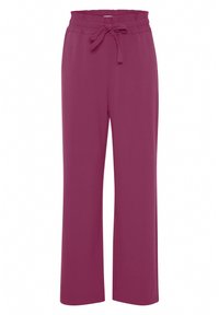 Pantalons large prune avec une taille élastique et un lien devant, fabriqués dans un tissu lisse. Présente une coupe décontractée sans embellissements.