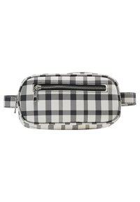 Pochette en tissu à carreaux noirs et blancs avec une poche avant zippée, des bords arrondis et deux poignées latérales pour un transport facile.