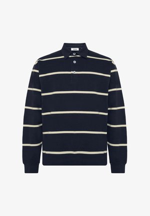 Dark navy long-sleeve polo shirt with white horizontal stripes and three buttons on the front placket.