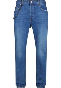 Mėlynos denim džinsai su vidutiniu plovimu ir klasikinio kirpimo. Yra diržo kilpos, priekinės kišenės ir dekoratyvinė grandinėlė, pritvirtinta prie šono.