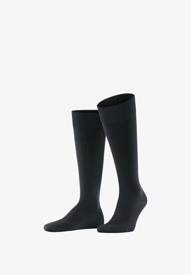 Black knee-high socks made of a smooth, stretchy material. Features ribbed cuffs and a solid, uniform design.