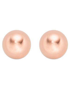 Two round, shiny rose gold stud earrings on a white background.