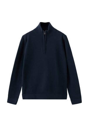 Pull bleu marine à manches longues avec un col montant et une fermeture éclair courte sur le devant, sur fond blanc.