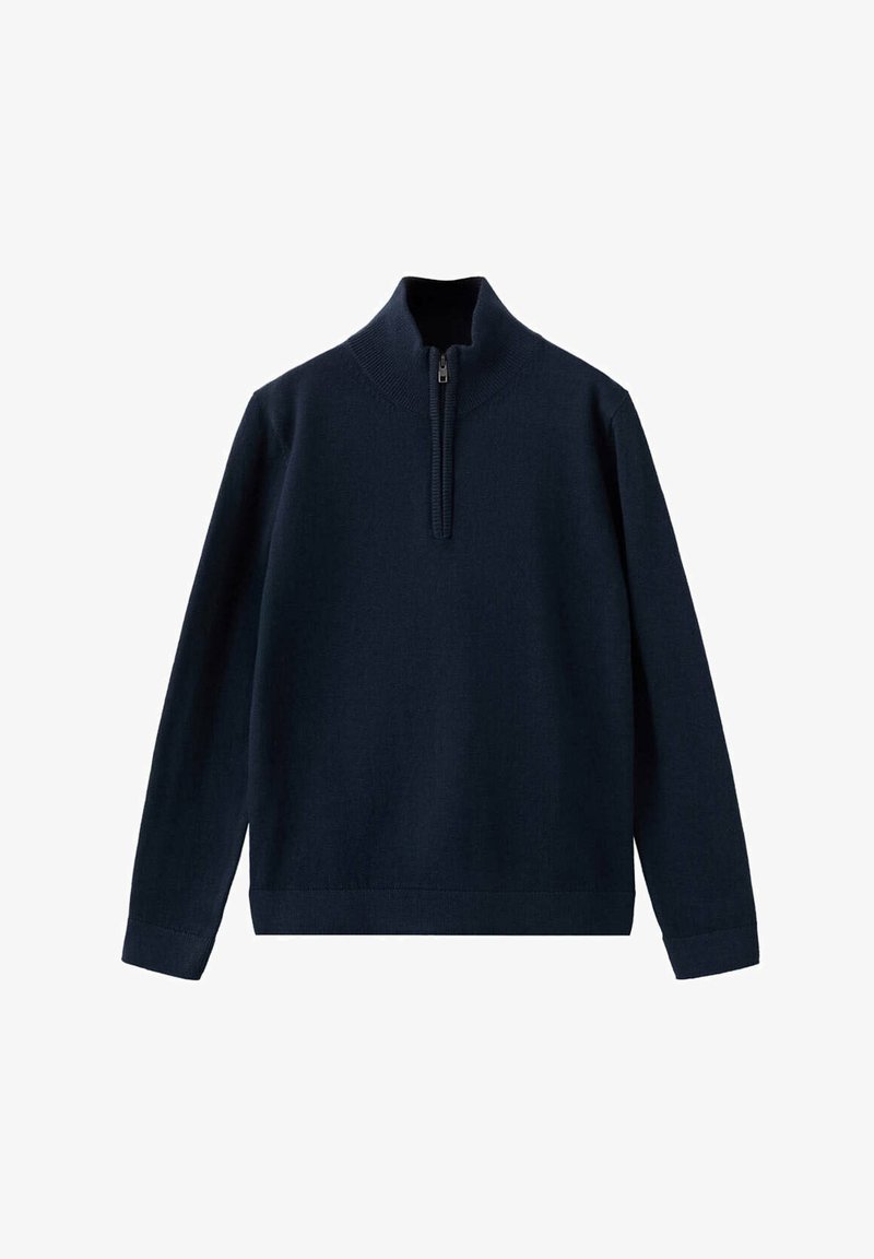 Pull bleu marine à manches longues avec un col montant et une fermeture éclair courte sur le devant, sur fond blanc.