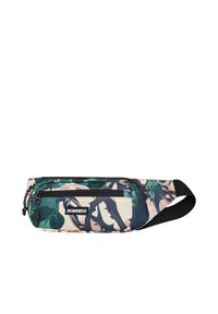 Camouflage fanny pack made of durable fabric, featuring green, blue, and pink leaf patterns, a front zip pocket, and black adjustable strap.