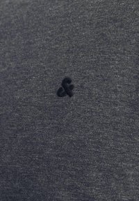 Donkergrijze t-shirt gemaakt van zacht stof, met een subtiele zwarte geborduurde logo op de borst, met een soepele en gelijkmatige textuur.
