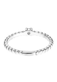 Bracciale di perline argentate con un design liscio e arrotondato, dotato di una sezione piatta al centro e un piccolo accento di cristallo.