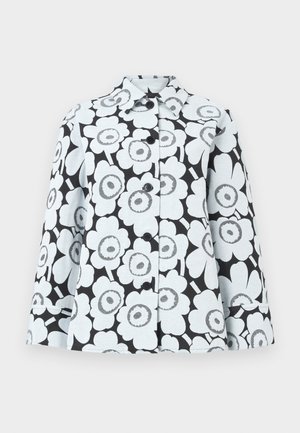 Floral-patterned jacket with a light blue base, black flowers, long sleeves, and a classic collar. Features black buttons and side pockets.