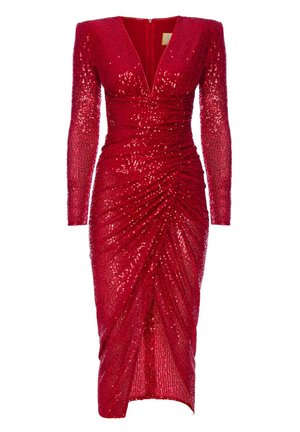 Czerwona sukienka ozdobiona cekinami, z długimi rękawami, głębokim dekoltem w kształcie V, marszczeniami i dopasowanym krojem. Długość do kolan, z zamkiem błyskawicznym z tyłu.