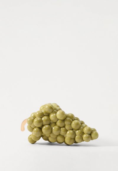 Ceramic grape cluster in green with rounded beads, featuring a smooth texture and a small tan leaf extending from one side.