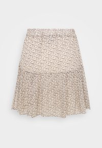 Gonna a più strati con vita elasticizzata, realizzata in un tessuto beige chiaro con un sottile motivo a crepe nere, texture morbida e vestibilità comoda.