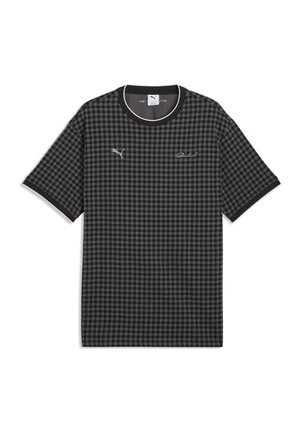 T-shirt de sport à manches courtes à motif pied-de-poule noir et gris, col rond et petit logo Puma sur la poitrine.