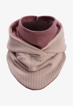 Knit beige scarf with a soft, rose-colored inner lining. Features a textured exterior and a wrap design, providing a cozy, warm appearance.
