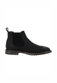 Bota Chelsea de cuero negro con paneles laterales elásticos, forro texturizado, punta redonda y suela robusta para tracción. Cuenta con una lengüeta trasera.