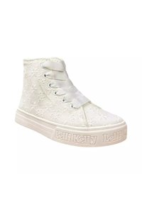 Sneaker alta bianca con dettagli in pizzo floreale, lacci in satin e suola in gomma testurizzata con il marchio "Lelli Kelly" in rilievo.