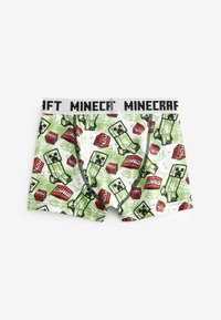 Boxeri verzi din bumbac, cu personaje Minecraft și blocuri TNT într-un model repetitiv. Detaliu de talie neagră cu "Minecraft".