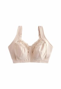 Sutien bej cu detalii dantelă în partea de sus, cu cupe căptușite, bretele late și material neted. Prezintă o formă bine definită și cusături rezistente.