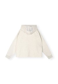 Sudadera con capucha en tejido gris claro que presenta un diseño recortado, puños acanalados y un detalle reflectante "10" en la parte trasera de la capucha.