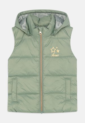 Doudoune sans manches vert clair avec capuche, fermeture éclair devant, deux poches et motifs d'étoiles dorées avec le mot "shine" sur le haut gauche de la poitrine.