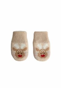 Mânuși tricotate în bej, cu un design de ren care prezintă coarne de culoare maro, un nas roșu și accente albe. Textură moale, cu manșete ribbate.