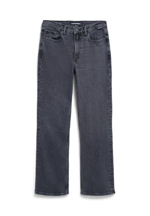 High-waisted, straight-leg jeans in a dark gray denim fabric with a slightly faded finish. Features five pockets and a button closure.