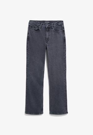 Hochgeschnittene, gerade geschnittene Jeans aus dunkelgrauem Denim mit einem leicht verblassten Finish. Verfügt über fünf Taschen und einen Knopfverschluss.