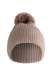 Beżowa dzianinowa czapka z prążkowaną fakturą, o zaokrąglonym kształcie z puszystym brązowym pomponem na górze. Wnętrze delikatnie podszyte.