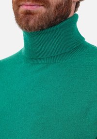 Pull en tricot vert à col roulé côtelé, avec une texture douce et une finition nette. Vue en gros plan sur l'encolure et le tissu.