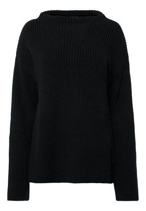 Maglione nero lavorato a maglia con una vestibilità ampia, scollatura larga e maniche lunghe. Presenta un tessuto testurizzato e un orlo dritto.