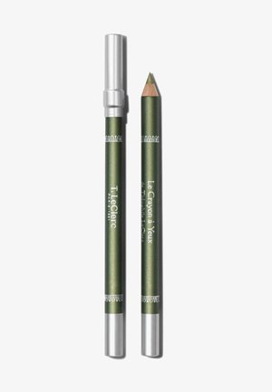 Grüner Eyelinerstift mit angespitzter Spitze, silberner Kappe und weißer Markenaufschrift. Schlankes zylindrisches Design mit glattem mattem Finish.