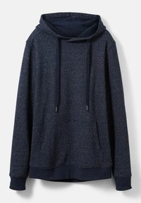 Sudadera azul marino hecha de un tejido texturizado con rayas horizontales, un bolsillo frontal y capucha con cordón. Puños y dobladillo acanalados.