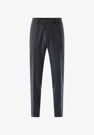 Graue maßgeschneiderte Hose mit einem subtilen Karomuster, geradem Bein, vorderen Falten, einem Bund mit einem einzigen Knopf und seitlichen Taschen.