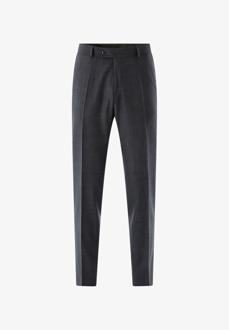 Graue maßgeschneiderte Hose mit einem subtilen Karomuster, geradem Bein, vorderen Falten, einem Bund mit einem einzigen Knopf und seitlichen Taschen.