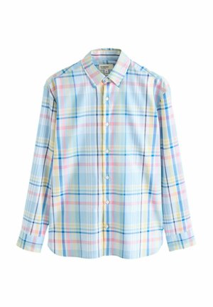 Langärmliges Hemd zum Knöpfen mit kariertem Muster in Pastellblau, Rosa und Gelb sowie mit einem Kragen zum Knöpfen, Größe M.