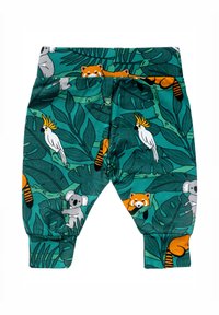 Pantaloni per neonati con motivo tropicale di foglie verdi, con cacatua bianchi, koala grigi e panda rossi arancioni in un design giungla.