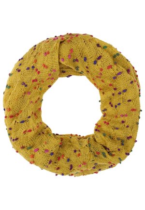 Écharpe tube jaune tricotée avec de petits pompons multicolores dispersés sur tout le tissu.