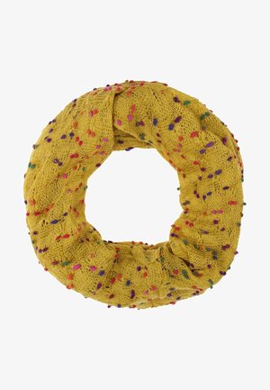 Écharpe tube jaune tricotée avec de petits pompons multicolores dispersés sur tout le tissu.
