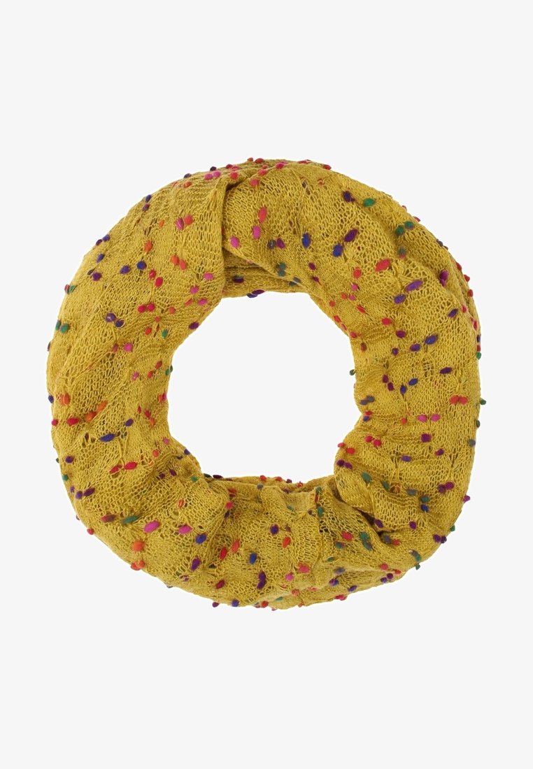Écharpe tube jaune tricotée avec de petits pompons multicolores dispersés sur tout le tissu.