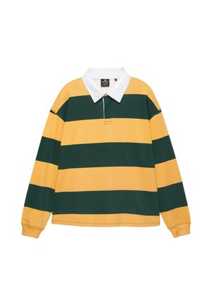 Ragbi majica s dugim rukavima s širokim horizontalnim žutim i tamnozelenim prugama te bijelim okovratnikom.
