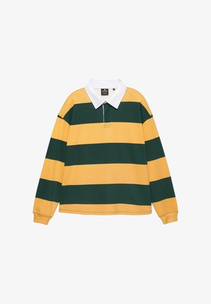Hosszú ujjú rögbi póló, széles, vízszintes sárga és sötétzöld csíkokkal és fehér gallérral.