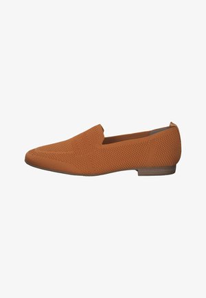 Orange slip-on shoe with a textured knit upper, pointed toe, and low profile. Minimalistic design with a smooth sole and no visible hardware.