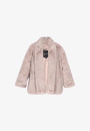 Faux fur jacket in lichtroze, met een brede kraag, open voorkant en lange mouwen. Zachte textuur met een gezellige silhouet.