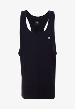 Svart tanktop laget av bomull med rund hals og brede ermhull. Har en liten hvit logo på venstre side. Enkel design, avslappet passform.