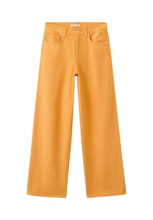 Pantalon taille haute à jambes larges de couleur orange vif avec bouton devant, fermeture éclair et style cinq poches.