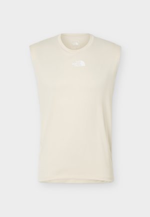 Camiseta sin mangas de color crema con cuello redondo y pequeño logo blanco de "The North Face" centrado en el pecho.