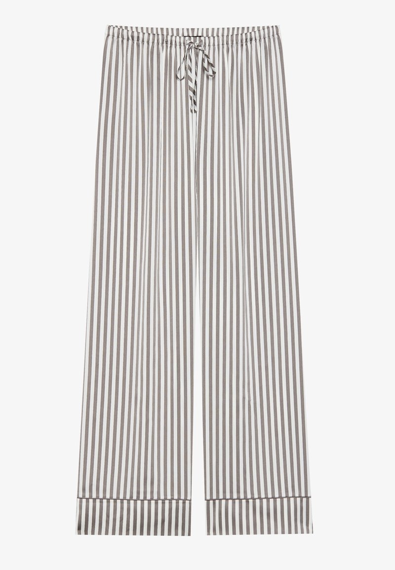Pantalons larges à rayures marron et blanc, avec une taille élastique et un cordon de serrage, présentant une texture lisse et un ourlet fini.