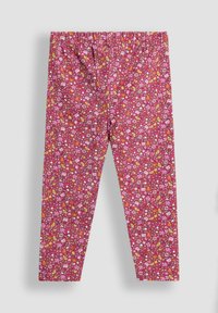 Gyermekek számára készült, rugalmas derékú leggings, rózsaszín háttérrel, amelyet színes virág- és gyümölcsminták borítanak.