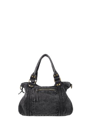 Geantă de mână din denim negru cu două mânere, detalii împletite laterale, buzunar frontal cu fermoar și accente din alamă.