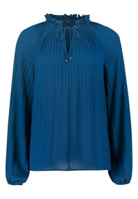 Blouse bleu à manches longues avec devant et épaules plissés, col à volants et cordon noué orné de perles argentées au niveau de l'encolure.
