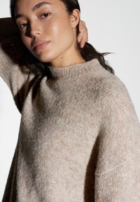 Maglione beige a maglia con colletto alto, taglio loose e motivo testurizzato. Filato morbido e spazzolato con una leggera lucentezza e sfumature sottili.